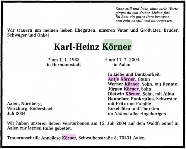 Koerner Karl-Heinz  1932-2004 Todesanzeige